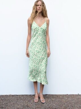 Zara LARA White Slip Dress with Green Floral Print